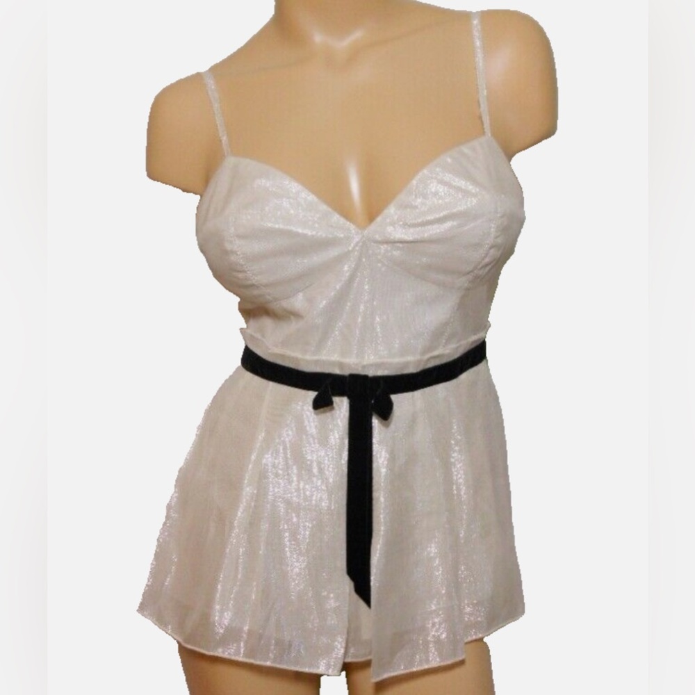VS Pixie Hopkins ~ Silver Silk Metallic Blend Bustier Belted Flounce Top. Bow.